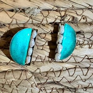 Green Enamel Rice Pearl, 925 Semicircle Earrings